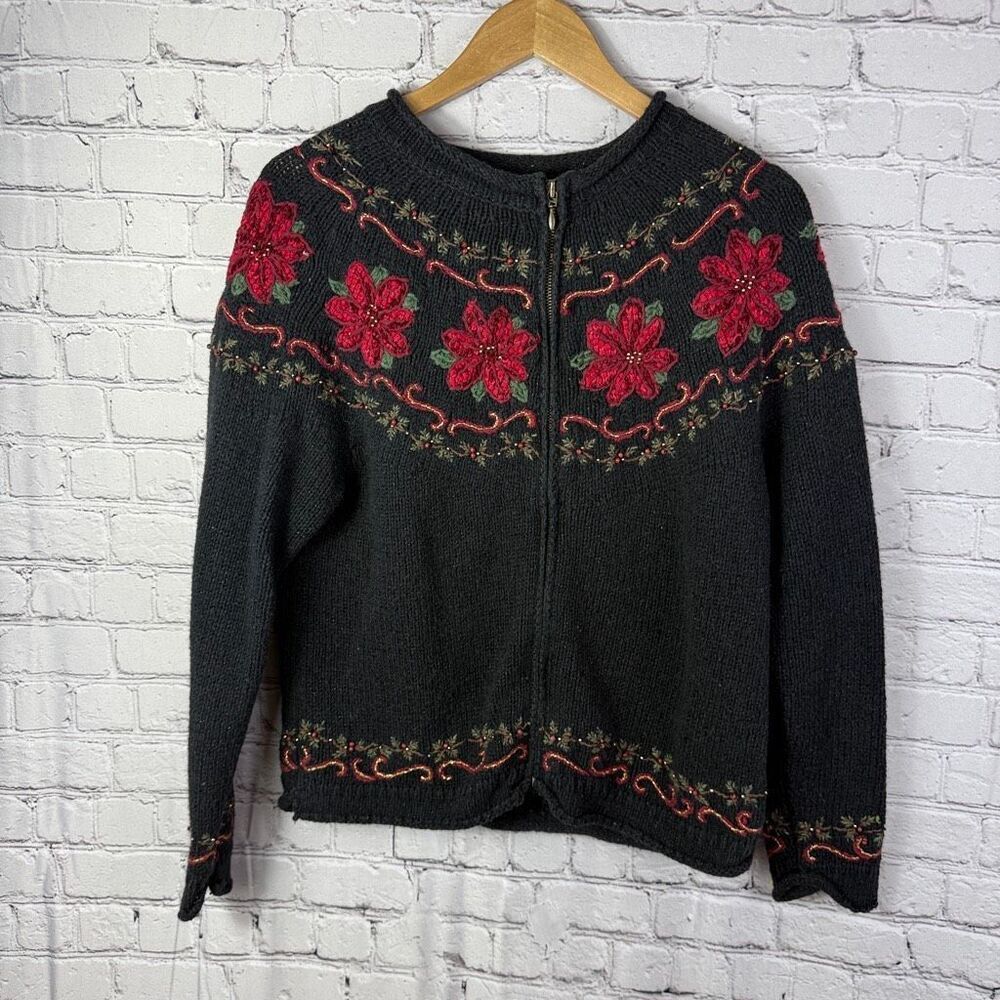 Croft & Barrow Vintage Fair Isle Poinsettia Zip Cardigan Sweater Black Size M